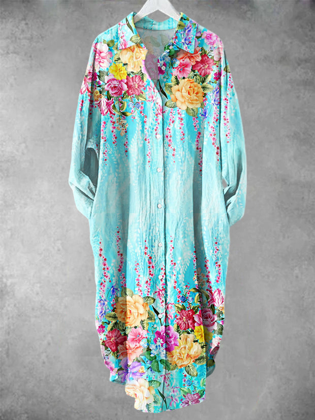 Colorful Spring Flowers Printed V-Neck Lapel Button Loose Long Sleeve Shirt