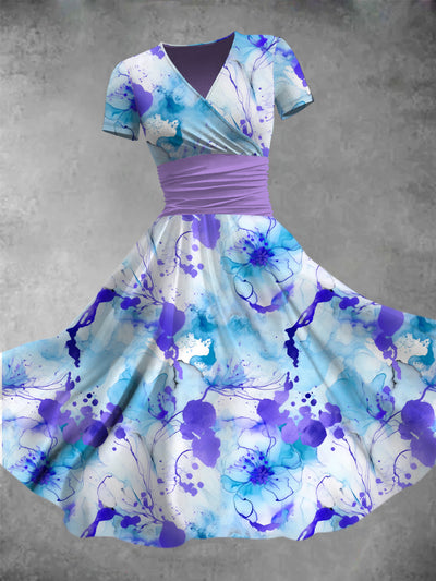Blue Marble Tie-Dye Flowers Print V-Neck Short Sleeve Fashion Midi Dress