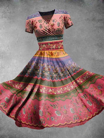 Retro Bohemian Art Print V-Neck Short Sleeve Midi Dress