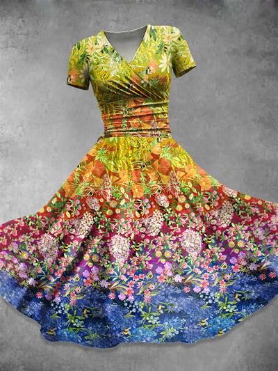 Vintage Gradient Art Flowers Print V-Neck Short Sleeve Midi Dress