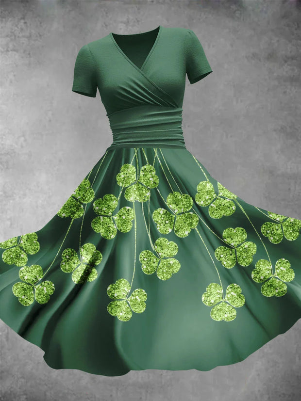 Sequin Lucky Grass Print V-Neck Short Sleeve Midi Dress