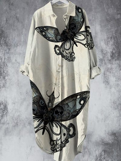 Elegant Vintage Butterfly Printed V-Neck Lapel Button Loose Midi Shirt Dress