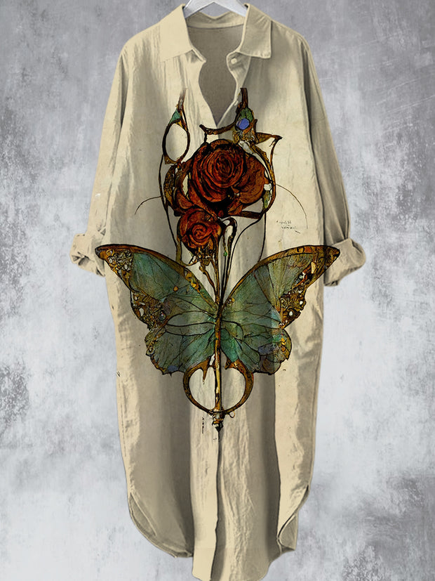 Elegant Vintage Butterfly Flowers Printed V-Neck Lapel Button Loose Midi Shirt Dress