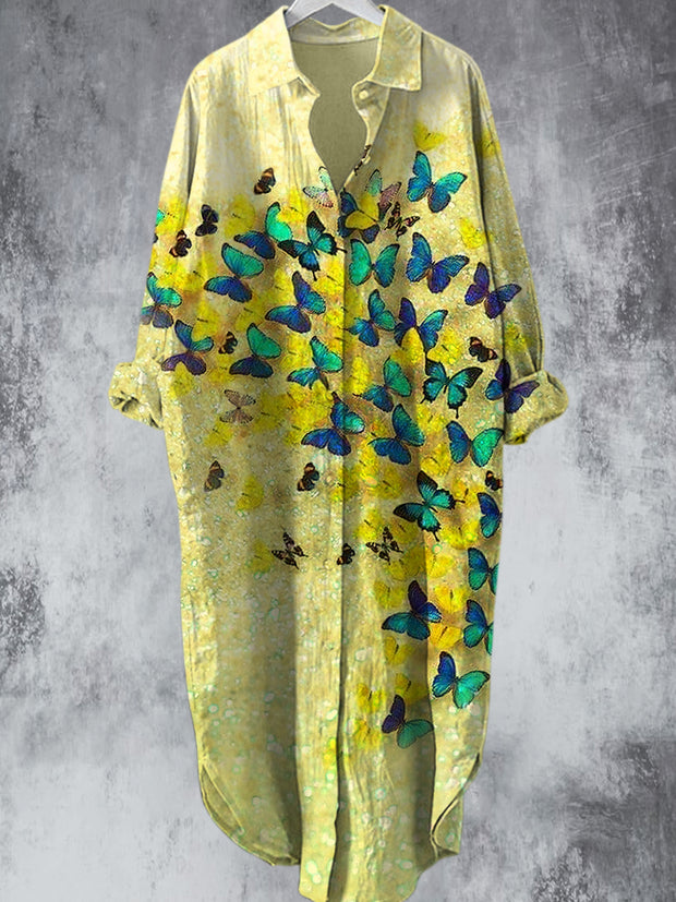 Elegant Vintage Sequin Butterfly Printed V-Neck Lapel Button Loose Midi Shirt Dress