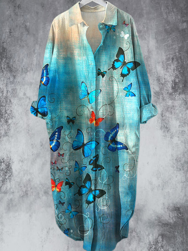 Elegant Vintage Blue Butterfly Printed V-Neck Lapel Button Loose Midi Shirt Dress