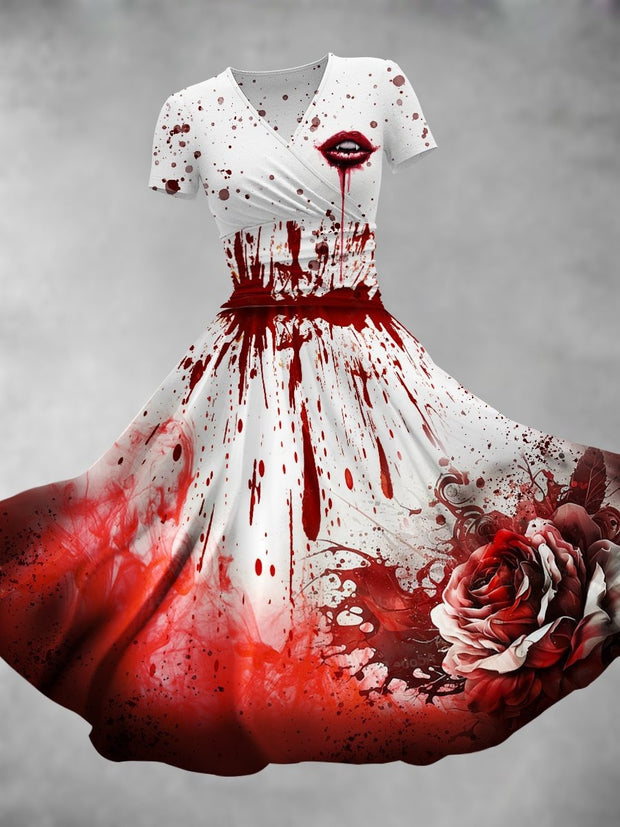 Red Blood Rose Art Print V-Neck Short Sleeve Midi Dress