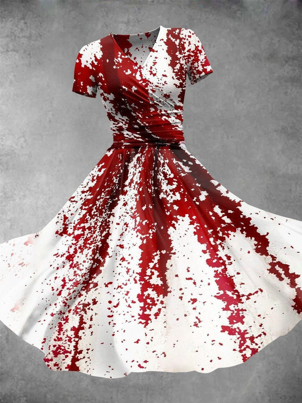 Burgundy Red Splash Art Printed V-Neck Short Sleeve Fashion Midi Dress