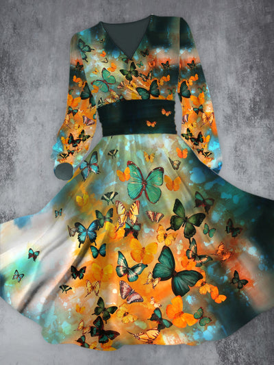 Vintage Elegant Butterfly Art Printed V-Neck Long Sleeve Fashion Midi Dress