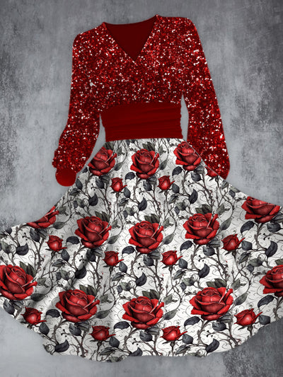 Burgundy Red Rose Sequin Print V-Neck Long Sleeve Fashion Midi Dress