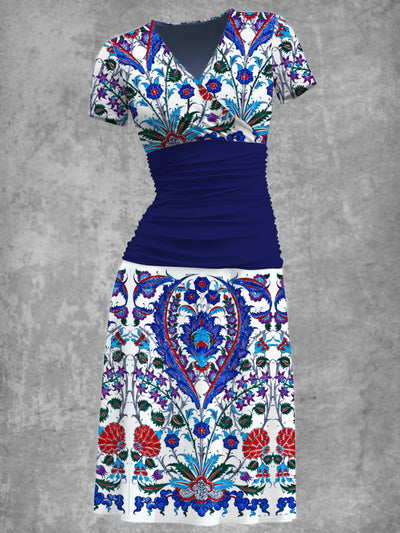 Elegant Bohemian Art Printed V-Neck Short Sleeve Fashion Midi Dress
