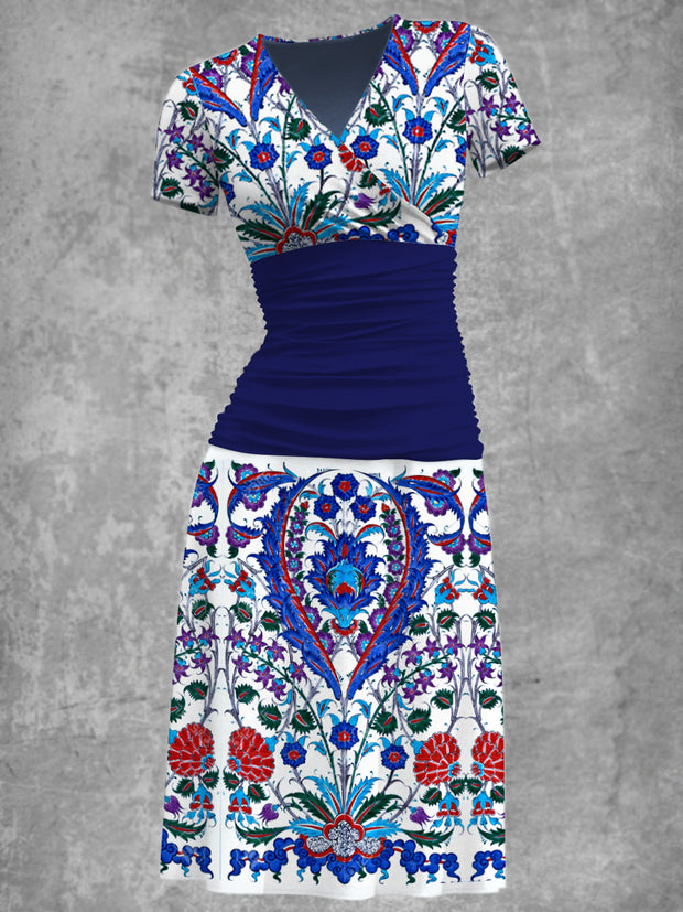 Elegant Bohemian Art Printed V-Neck Short Sleeve Fashion Midi Dress