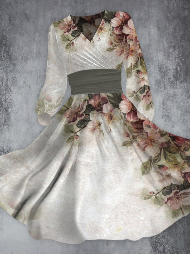 Elegant Light Flowers Print V-Neck Long Sleeve Midi Dress