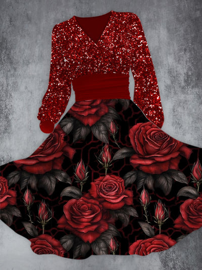 Burgundy Red Sequin Rose Printed V-Neck Long Sleeve Fashion Midi Dress