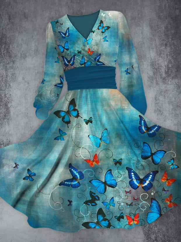 Vintage Elegant Blue Butterfly Printed V-Neck Long Sleeve Fashion Midi Dress