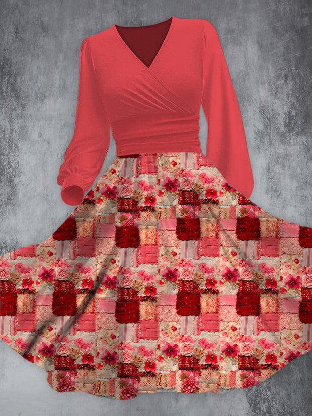 Elegant Pink Rose Check Print V-Neck Long Sleeve Fashion Midi Dress