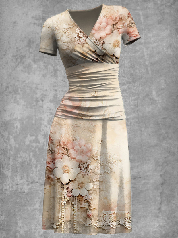 Elegant Vintage Flowers Print V-Neck Short Sleeve Fashion Midi Dress