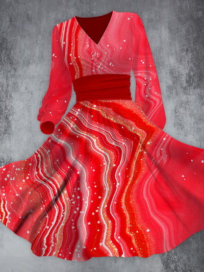 Elegant Red Irregular Gradient Printed V-Neck Long Sleeve Fashion Midi Dress