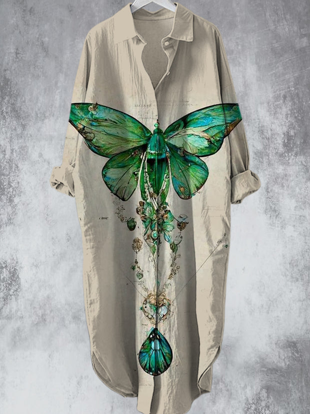 Vintage Emerald Butterfly Printed V-Neck Lapel Button Loose Midi Shirt Dress