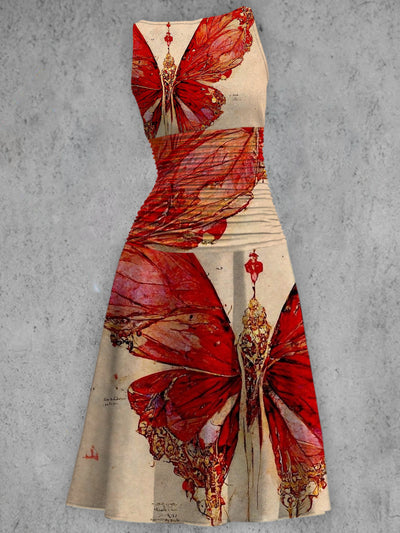 Vintage Elegant Red Butterfly Printed V-Neck Sleeveless Fashion Midi Dress