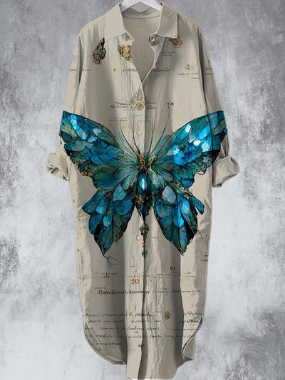 Vintage Sapphire Butterfly Printed V-Neck Lapel Button Loose Midi Shirt Dress