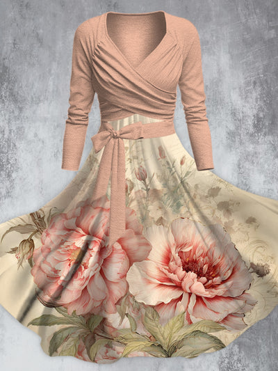 Vintage Pink Flower Print V-Neck Long Sleeve Straps Fashion Midi Dress