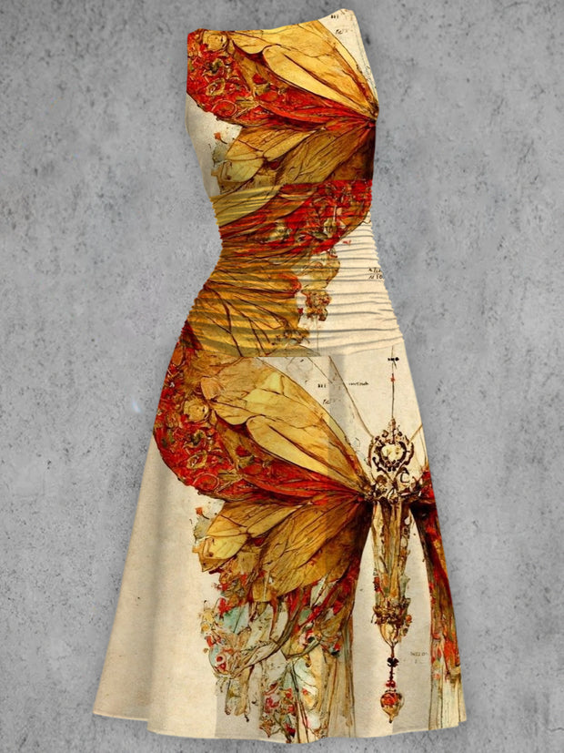 Vintage Elegant Red Butterfly Printed V-Neck Sleeveless Fashion Midi Dress