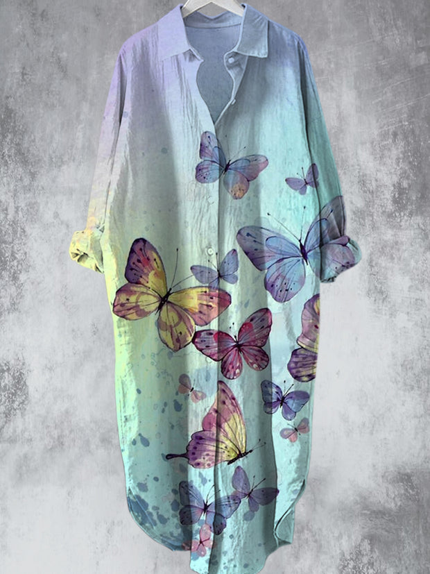 Rainbow Butterfly Printed V-Neck Lapel Button Loose Midi Shirt Dress