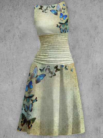 Vintage Butterfly Print V-Neck Sleeveless Retro Midi Dress