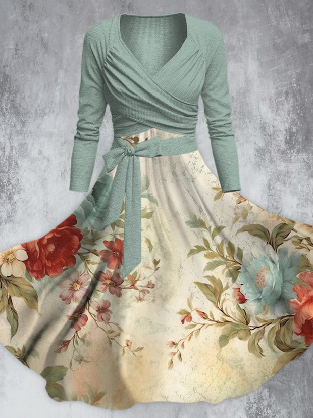 Vintage Elegant Flower Print V-Neck Long Sleeve Straps Midi Dress