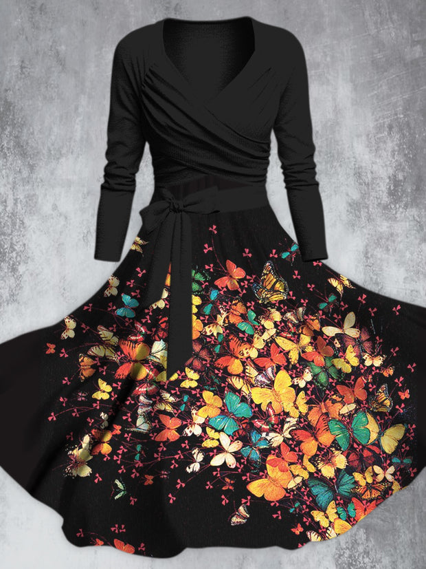 Vintage Butterfly Printed V-Neck Long Sleeve Straps Fashion Midi Dress