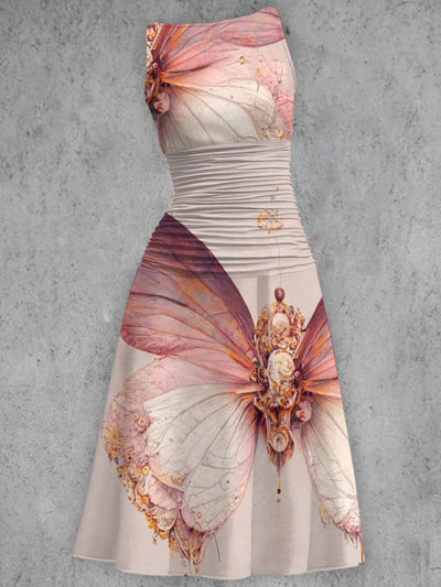 Vintage Elegant Pink Butterfly Printed V-Neck Sleeveless Fashion Midi Dress