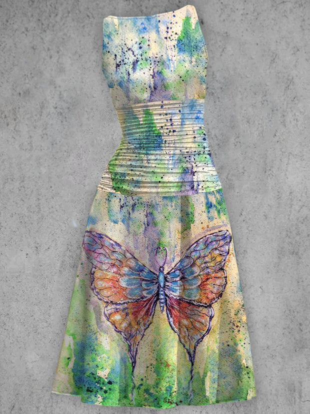 Vintage Bandhnu Blue Butterfly Print V-Neck Sleeveless Midi Dress