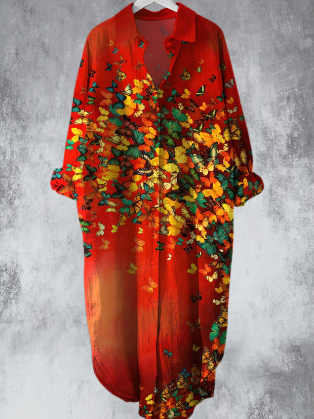 Vintage Red Butterfly Printed V-Neck Lapel Button Loose Midi Shirt Dress
