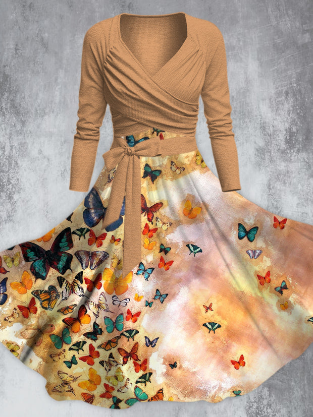 Beige Butterfly Art Print V-Neck Long Sleeve Straps Fashion Midi Dress