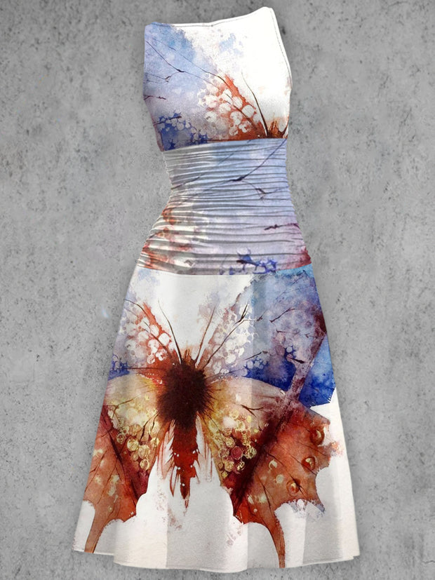 Elegant Bandhnu Butterfly Printed V-Neck Sleeveless Fashion Midi Dress