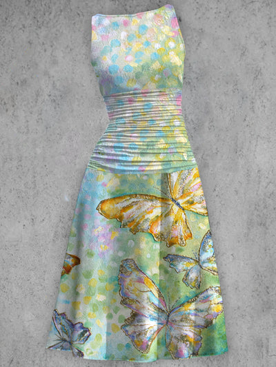Colorful Butterfly Print V-Neck Sleeveless Retro Midi Dress