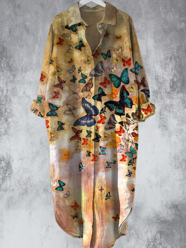 Vintage Butterfly Printed V-Neck Lapel Button Loose Midi Shirt Dress