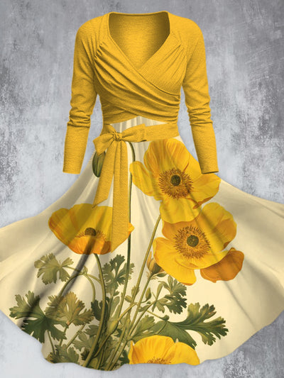Elegant Yellow Flower Print V-Neck Long Sleeve Straps Midi Dress
