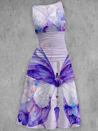 Vintage Blueviolet Butterfly Print V-Neck Sleeveless Midi Dress