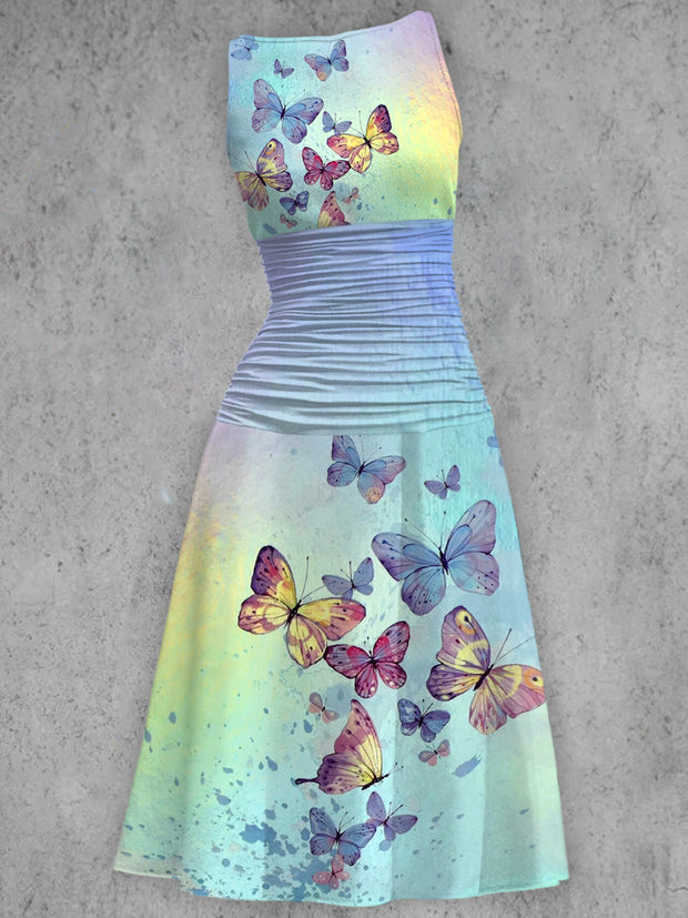 Rainbow Gradient Butterfly Print V-Neck Sleeveless Fashion Midi Dress