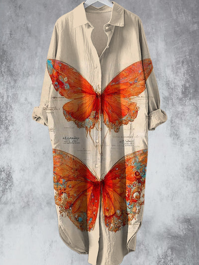 Vintage Aurantia Butterfly Printed V-Neck Lapel Button Loose Midi Shirt Dress
