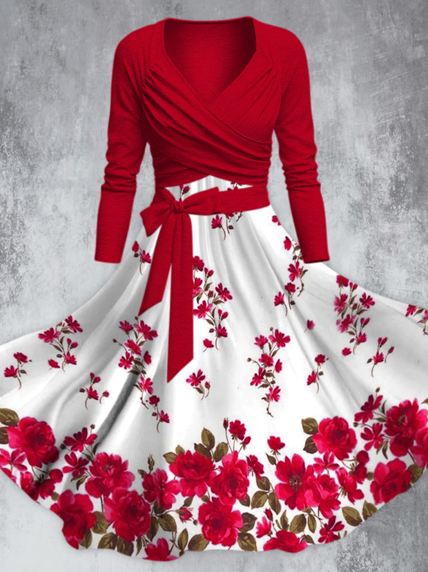 Elegant Red Flower Print V-Neck Long Sleeve Straps Midi Dress