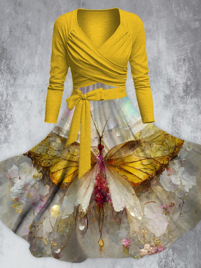Vintage Butterfly Print V-Neck Long Sleeve Straps Midi Dress