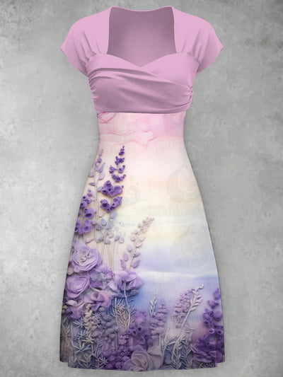 Lavender Purple Flower Print V-Neck Short Sleeve Retro Midi Dress