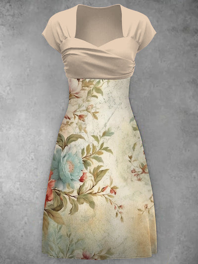 Elegant Flower Print V-Neck Short Sleeve Vintage Midi Dress