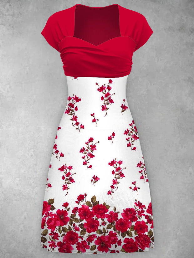 Elegant Red Flower Print V-Neck Short Sleeve Midi Dress