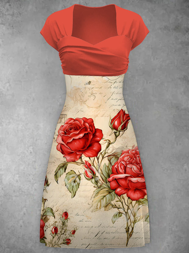 Elegant Baroque Flower Print V-Neck Short Sleeve Midi Dress