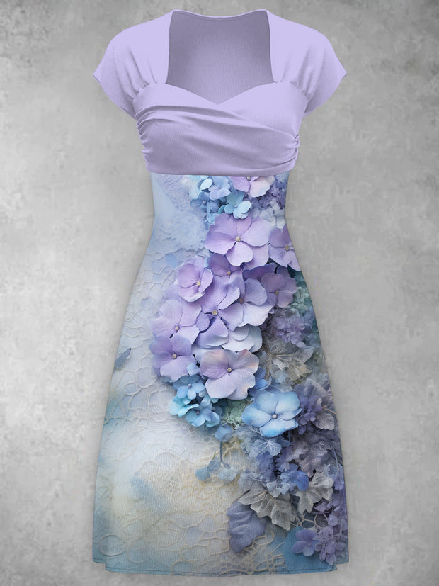 Lavender Purple Flower Printed V-Neck Short Sleeve Vintage Fashion Midi Dress