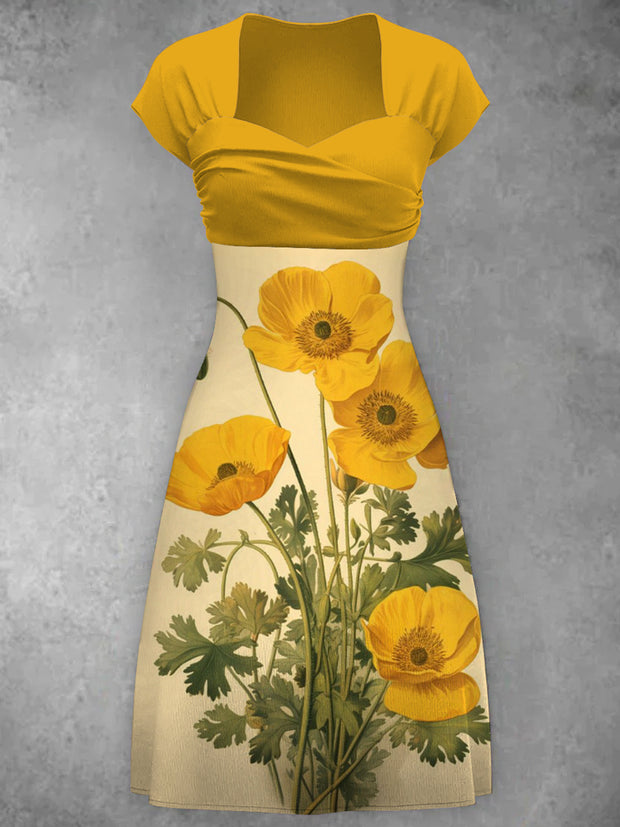 Yellow Flower Print V-Neck Short Sleeve Retro Midi Dress