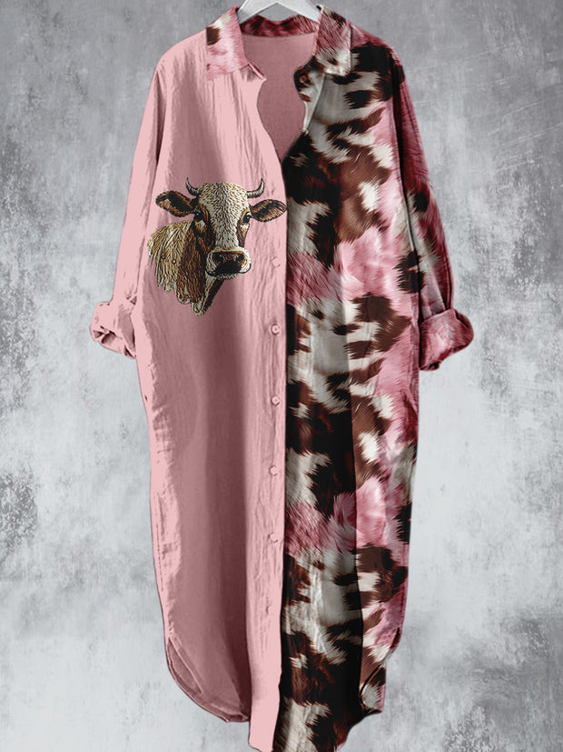 Pink Cattle Pattern Printed V-Neck Lapel Button Loose Vintage Midi Shirt Dress